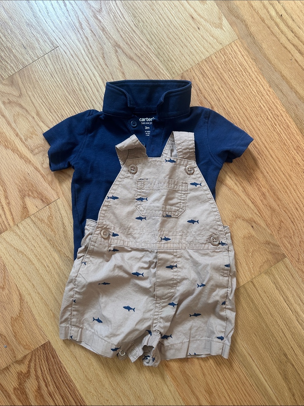 Carter's Navy Polo with Khaki Shark-Print Short Overalls